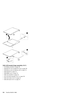 Page 1381
2
3
4
1240 LCD bracket hinge assembly (13.3″)
v“1010 Battery assembly”on page 108
v“1020 Mini-PCI cover and Mini-PCI card”on page 108
v“1030 Memory cover and Memory card”on page 110
v“1060 Keyboard”on page 112
v“1080 Middle cover”on page 114
v“1090 LCD assembly”on page 116
v“1210 LCD bezel assembly (13.3″)”on page 129
v“1220 LCD Inveter (13.3″)”on page 131
v“1230 LED board (13.3″)”on page 131
132ThinkPad R30/R31 HMM 