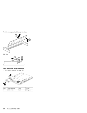 Page 172Pivot the memory card until it snaps into place.
Side View
1040 Hard disk drive assembly
v“1010 Battery assembly”on page 163
1
2
Step Size (Quantity) Color Torque
1 M3 x L4 (1) Black 3.2 kgf-cm
166ThinkPad R30/R31 HMM 