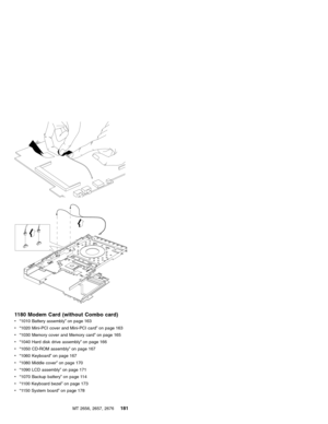 Page 1871180 Modem Card (without Combo card)
v“1010 Battery assembly”on page 163
v“1020 Mini-PCI cover and Mini-PCI card”on page 163
v“1030 Memory cover and Memory card”on page 165
v“1040 Hard disk drive assembly”on page 166
v“1050 CD-ROM assembly”on page 167
v“1060 Keyboard”on page 167
v“1080 Middle cover”on page 170
v“1090 LCD assembly”on page 171
v“1070 Backup battery”on page 114
v“1100 Keyboard bezel”on page 173
v“1150 System board”on page 178
MT 2656, 2657, 2676
181 