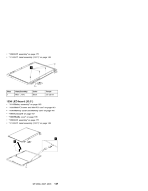 Page 193v“1090 LCD assembly”on page 171
v“1210 LCD bezel assembly (13.3″)”on page 185
1
Step Size (Quantity) Color Torque
1 M2 x L10(4) Black 2.5 kgf-cm
1230 LED board (13.3″)
v“1010 Battery assembly”on page 163
v“1020 Mini-PCI cover and Mini-PCI card”on page 163
v“1030 Memory cover and Memory card”on page 165
v“1060 Keyboard”on page 167
v“1080 Middle cover”on page 170
v“1090 LCD assembly”on page 171
v“1210 LCD bezel assembly (13.3″)”on page 185
1
2
MT 2656, 2657, 2676187 