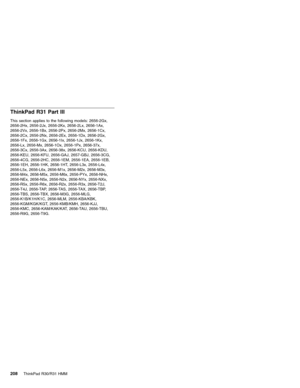 Page 214ThinkPad R31 Part III
This section applies to the following models: 2656-2Gx,
2656-2Hx, 2656-2Jx, 2656-2Kx, 2656-2Lx, 2656-1Ax,
2656-2Vx, 2656-1Bx, 2656-2Px, 2656-2Mx, 2656-1Cx,
2656-2Cx, 2656-2Nx, 2656-2Ex, 2656-1Dx, 2656-2Gx,
2656-1Fx, 2656-1Gx, 2656-1Ix, 2656-1Jx, 2656-1Kx,
2656-Lx, 2656-Mx, 2656-1Ox, 2656-1Px, 2656-37x,
2656-3Cx, 2656-3Ax, 2656-38x, 2656-KCU, 2656-KDU,
2656-KEU, 2656-KFU, 2656-GAJ, 2657-GBJ, 2656-3CG,
2656-4CG, 2656-2HC, 2656-1EM, 2656-1EA, 2656-1EB,
2656-1EH, 2656-1HK, 2656-1HT,...