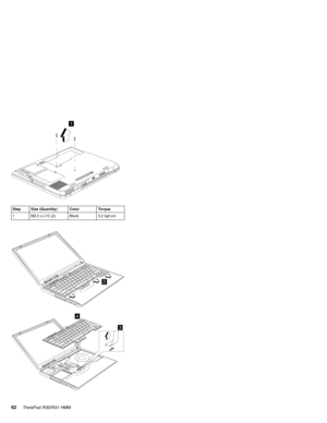 Page 681
Step Size (Quantity) Color Torque
1 M2.5 x L10 (2) Black 3.2 kgf-cm
2
3 3
3
4
62ThinkPad R30/R31 HMM 