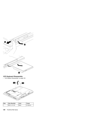 Page 1341
2
3
1070 Keyboard Disassembly
v“1010 Battery Disassembly”on page 123
1a1b
Step Size (Quantity) Color Torque
1 M2.5 x L10 (2) Black 3.2 kgf-cm
128ThinkPad R32 Series 