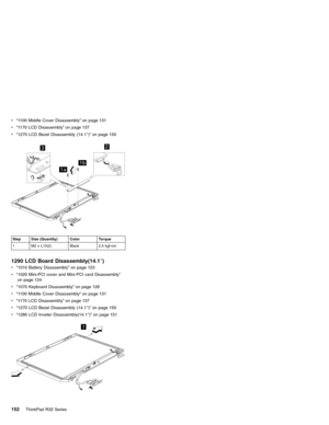 Page 158v“1100 Middle Cover Disassembly”on page 131
v“1170 LCD Disassembly”on page 137
v“1270 LCD Bezel Disassembly (14.1″)”on page 150
23
1a
1b
Step Size (Quantity) Color Torque
1 M2 x L10(2) Black 2.5 kgf-cm
1290 LCD Board Disassembly(14.1″)
v“1010 Battery Disassembly”on page 123
v“1020 Mini-PCI cover and Mini-PCI card Disassembly”
on page 124
v“1070 Keyboard Disassembly”on page 128
v“1100 Middle Cover Disassembly”on page 131
v“1170 LCD Disassembly”on page 137
v“1270 LCD Bezel Disassembly (14.1″)”on page 150...