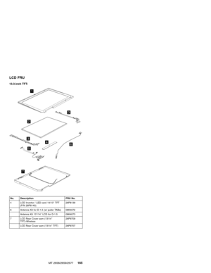 Page 171LCD FRU
13.3-inch TFT:
1
2
3
3
4
5
6
7
No. Description FRU No.
4 LCD Invertor / LED card 14/13″TFT
(P/N 26P8140)26P8139
6 Antenna Kit for D-1.5 (w/ puller TABs) 08K4072
Antenna Kit 13″/14″LCD for D-1.5 08K4073
7 LCD Rear Cover asm (13/14″
TFT)-Wireless26P9709
LCD Rear Cover asm (13/14″TFT) 26P9707
MT 2658/2659/2677165 