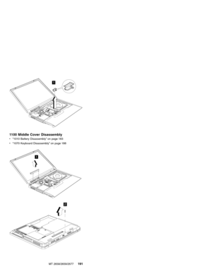Page 1971
1100 Middle Cover Disassembly
v“1010 Battery Disassembly”on page 183
v“1070 Keyboard Disassembly”on page 188
1
2
MT 2658/2659/2677191 