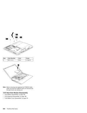 Page 2082c
2a
2b
2d
Step Size (Quantity) Color Torque
2 M2 x L6 (4) Silver 1.6 kgf-cm
3
Note:Before removing and replacing the PCMCIA holder,
make sure that the PCMCIA cards are removed and
the eject levers are sticking out.
1210 Heat Sink Module Disassembly
v“1010 Battery Disassembly”on page 183
v“1070 Keyboard Disassembly”on page 188
v“1100 Middle Cover Disassembly”on page 191
202ThinkPad R32 Series 