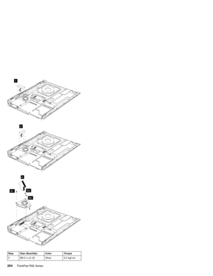 Page 2101
2
3a
3b
3c
4
Step Size (Quantity) Color Torque
3 M2.5 x L5 (3) Silver 2.5 kgf-cm
204ThinkPad R32 Series 