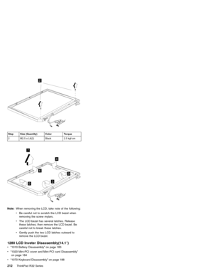 Page 2182
Step Size (Quantity) Color Torque
2 M2.5 x L6(2) Black 2.5 kgf-cm
3
3
4
5
6
7
Note:When removing the LCD, take note of the following:
vBe careful not to scratch the LCD bezel when
removing the screw mylars.
vThe LCD bezel has several latches. Release
these latches; then remove the LCD bezel. Be
careful not to break these latches.
vGently push the two LCD latches outward to
remove the LCD bezel.
1280 LCD Inveter Disassembly(14.1″)
v“1010 Battery Disassembly”on page 183
v“1020 Mini-PCI cover and Mini-PCI...