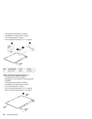 Page 98v“1070 Keyboard Disassembly”on page 68
v“1100 Middle Cover Disassembly”on page 71
v“1170 LCD Disassembly”on page 77
v“1270 LCD Bezel Disassembly (14.1″)”on page 90
23
1a
1b
Step Size (Quantity) Color Torque
1 M2 x L10(2) Black 2.5 kgf-cm
1290 LCD Board Disassembly(14.1″)
v“1010 Battery Disassembly”on page 63
v“1020 Mini-PCI cover and Mini-PCI card Disassembly”
on page 64
v“1070 Keyboard Disassembly”on page 68
v“1100 Middle Cover Disassembly”on page 71
v“1170 LCD Disassembly”on page 77
v“1270 LCD Bezel...