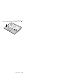 Page 109Remove the keyboard bezel in the direction of arrow«2¬.
2
2
Removing and replacing a FRU
ThinkPad R40105 