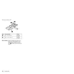 Page 122a
1
2
Step Screw (quantity) Torque
«1¬M2 ý 13 mm, Silver (1) 0.294 Nm
(3 kgfcm)
«2¬M2.0 ý 3.5 mm, Silver (1) 0.294 Nm
(3 kgfcm)
When installing:Attach the Ultrabay Plus guide rail so
that the two small projections on the
ultrabay device connector fit into the
holes«a¬provided, and then secure the
screws.
Removing and replacing a FRU
11 8ThinkPad R40 