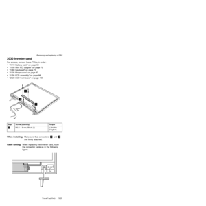 Page 1252030 Inverter card
For access, remove these FRUs, in order:
vª1010 Battery packº on page 64
vª1050 Mini PCI adapterº on page 70
vª1060 Keyboardº on page 73
vª1100 Hinge coverº on page 87
vª1150 LCD assemblyº on page 98
vª2020 LCD front bezelº on page 120
3
1
2
Step Screw (quantity) Torque
«1¬M2.5 ý 5 mm, Black (2) 0.294 Nm
(3 kgfcm)
When installing:Make sure that connectors«2¬and«3¬
are firmly attached.
Cable routing:When replacing the inverter card, route
the connector cable as in the following
figure:...