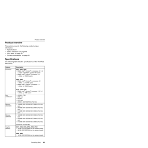 Page 49Product overview
This section presents the following product-unique
information:
vªSpecificationsº
vªStatus indicatorsº on page 48
vªFRU testsº on page 50
vªFn key combinationsº on page 52
Specifications
The following table lists the specifications of the ThinkPad
R40 series:
Feature Description
Processor2681, 2682, 2683
vMobile Intel
žPentiumž4 processor- M 1.8/
1.9/ 2.0/ 2.2/2.4GHz, L2 512 KB cache
vMobile Intel
žCeleronžProcessor 1.6/
1.8GHz, L2 256KB cache
2684, 2685
vMobile Intel
žPentiumž4...