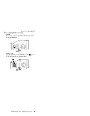 Page 101When installing the fan assembly:
For T20
Remove the protective sheet from the thermal rubber
on the fan assembly.
For T21, T22
Apply the thermal grease (05K5751) on thea-part of
the fan as shown in the following figure.
a
Removing and replacing a FRU
ThinkPad T20, T21, T22 and T23 series95 