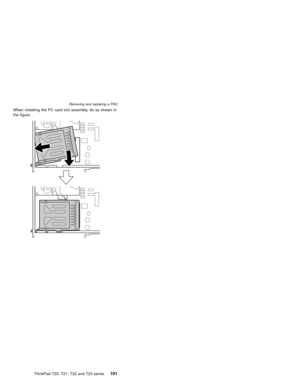 Page 107When installing the PC card slot assembly, do as shown in
the figure.
Removing and replacing a FRU
ThinkPad T20, T21, T22 and T23 series101 