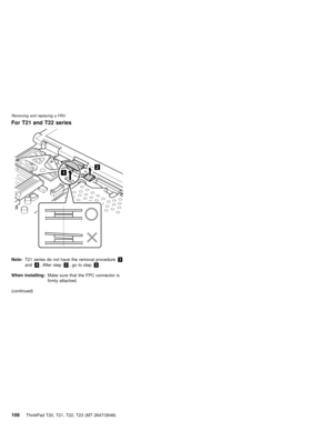 Page 114For T21 and T22 series
1
2
Note:T21 series do not have the removal procedure3
and4. After step2, go to step5.
When installing:Make sure that the FPC connector is
firmly attached.
(continued)
Removing and replacing a FRU
108ThinkPad T20, T21, T22, T23 (MT 2647/2648) 