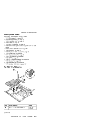 Page 1191180 System board
For access, remove these FRUs, in order:
v“1010 Battery pack”on page 60
v“1020 Backup battery”on page 61
v“1030 Hard-disk drive”on page 63
v“1040 DIMM”on page 65
v“1050 Mini PCI adapter”on page 66
v“1060 Ethernet daughter card”on page 70 (only for T23
series)
v“1070 Ultrabay 2000 device”on page 73
v“1080 Keyboard”on page 74
v“1090 Keyboard CRU insulator”on page 82
v“1100 Hinge cover”on page 83
v“1110 Keyboard bezel”on page 88
v“1120 Fan assembly”on page 94
v“1130 CPU”on page 98
v“1140...