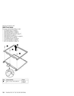 Page 1282020 Front bezel
For access, remove these FRUs, in order:
v“1010 Battery pack”on page 60
v“1020 Backup battery”on page 61
v“1030 Hard-disk drive”on page 63
v“1070 Ultrabay 2000 device”on page 73
v“1080 Keyboard”on page 74
v“1090 Keyboard CRU insulator”on page 82
v“1100 Hinge cover”on page 83
v“1110 Keyboard bezel”on page 88
v“1120 Fan assembly”on page 94
v“2010 LCD assembly”on page 119
1
2
1
1
Step Screw (quantity) Torque
1M2.5×4.8 mm, nylon-coated (3) 0.392 Nm
(4 kgfcm) Removing and replacing a FRU...