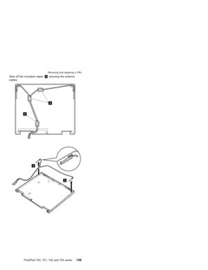 Page 135Strip off the insulation tapes2securing the antenna
cables.
2
2
3
3
Removing and replacing a FRU
ThinkPad T20, T21, T22 and T23 series129 