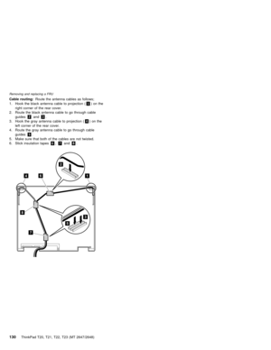 Page 136Cable routing:Route the antenna cables as follows;
1. Hook the black antenna cable to projection (1)onthe
right corner of the rear cover.
2. Route the black antenna cable to go through cable
guides2and3.
3. Hook the gray antenna cable to projection (4)onthe
left corner of the rear cover.
4. Route the gray antenna cable to go through cable
guides5.
5. Make sure that both of the cables are not twisted.
6. Stick insulation tapes6,7and8.
6
8
7
2
5
3
41
Removing and replacing a FRU
130ThinkPad...