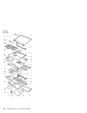 Page 158For T23
1
a
2
3
4
5
7
6
9810 11 12
15
24 14
i j16
19
18
k
17
20
21
22
23
13
e
c
hf
g
25
b
d
Parts list
152ThinkPad T20, T21, T22, T23 (MT 2647/2648) 
