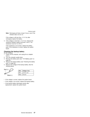 Page 43Note:Recharging will take at least 3 hours, even if the
indicator does not turn on.
If the voltage is still less than +11.0 V dc after
recharging, replace the battery.
4. If the voltage is more than +11.0 V dc, measure the
resistance between battery terminals 4 and 5. The
resistance must be 4 to 30 K.
If the resistance is not correct, replace the battery
pack. If the resistance is correct, replace the system
board.
Checking the backup batteryDo the following:
1. Power off the computer, and unplug the ac...