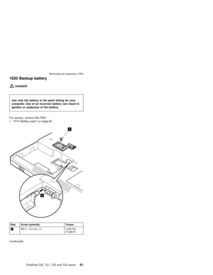 Page 671020 Backup battery
DANGER
For access, remove this FRU:
v“1010 Battery pack”on page 60
1
2
Step Screw (quantity) Torque
1M2.5×3.5 mm, (1) 0.392 Nm
(4 kgfcm)
(continued)Use only the battery in the parts listing for your
computer. Use of an incorrect battery can result in
ignition or explosion of the battery.
Removing and replacing a FRU
ThinkPad T20, T21, T22 and T23 series61 