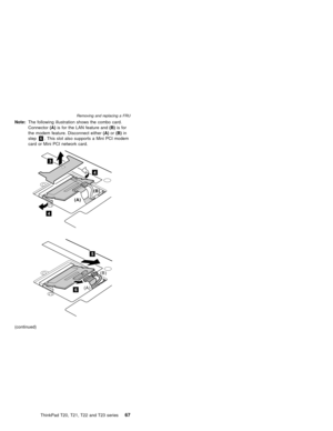 Page 73Note:The following illustration shows the combo card.
Connector(A)is for the LAN feature and(B)is for
the modem feature. Disconnect either(A)or(B)in
step6. This slot also supports a Mini PCI modem
card or Mini PCI network card.
4
3
4
(A)(B)
6
5
(A)(B)
(continued)
Removing and replacing a FRU
ThinkPad T20, T21, T22 and T23 series67 