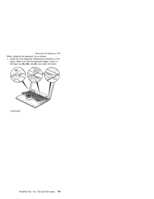Page 85When installing the keyboard, do as follows:
1. Install the new keyboard, following the directions in the
figure. Make sure that the keyboard edges, shown in
the figure as(A),(B), and(C), are under the frame.
(A)
(B )
(C)
(continued)
Removing and replacing a FRU
ThinkPad T20, T21, T22 and T23 series79 