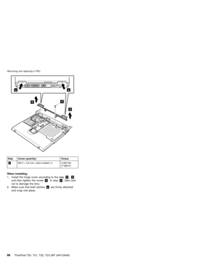 Page 926
aa
5
4
Step Screw (quantity) Torque
4M2.5×4.8 mm, nylon-coated (1) 0.392 Nm
(4 kgfcm)
When installing:
1. Install the hinge cover according to the step5,6
and then tighten the screw4. In step5, take care
not to damage the lens.
2. Make sure that both latchesaare firmly attached
and snap into place.
Removing and replacing a FRU
86ThinkPad T20, T21, T22, T23 (MT 2647/2648) 