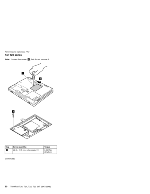 Page 96For T23 series
Note:Loosen the screw1, but do not remove it.
2
1
3
Step Screw (quantity) Torque
3M2.5×11.5 mm, nylon-coated (1) 0.392 Nm
(4 kgfcm)
(continued)
Removing and replacing a FRU
90ThinkPad T20, T21, T22, T23 (MT 2647/2648) 