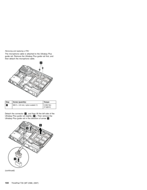 Page 108The microphone cable is attached to the Ultrabay Plus
guide rail. Remove the Ultrabay Plus guide rail first, and
then detach the microphone cable.
2
Step Screw (quantity) Torque
2M2.5×4.8 mm, nylon-coated (1) 0.392 Nm
(4 kgfcm)
Detach the connector3, and then lift the left side of the
Ultrabay Plus guide rail slightly (4). Then remove the
Ultrabay Plus guide rail in the direction of arrow5.
5
4
3
(continued)
Removing and replacing a FRU
104ThinkPad T30 (MT 2366, 2367) 
