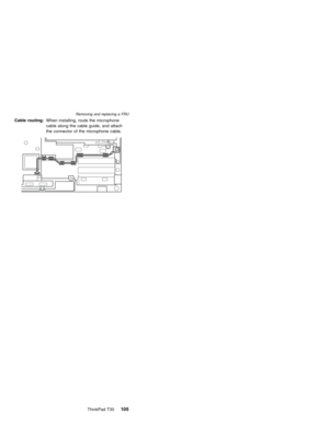 Page 109Cable routing:When installing, route the microphone
cable along the cable guide, and attach
the connector of the microphone cable.
Removing and replacing a FRU
ThinkPad T30105 