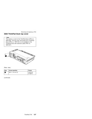Page 1313020 ThinkPad Dock top cover
NoteThis section is only for the ThinkPad Dock (FRU no.
08N1546). The top cover and screw kit for ThinkPad
Dock (FRU no. 12P4143) is not available for the
ThinkPad Dock with extension plate (FRU no.
08N1537) .
1
(Rear view)
Step Screw (quantity) Torque
1M2.5×4.8 mm (2) 0.392 Nm
(4 kgfcm)
(continued)
Removing and replacing a FRU
ThinkPad T30127 