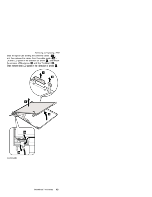 Page 125Slide the spiral tube binding the antenna cables (5a),
and then release the cables from the cable guide (5b).
Lift the LCD panel in the direction of arrow6, and detach
the wireless LAN antenna7and the ThinkLight8.
Then remove the LCD panel in the direction of arrow9.
6
9
8
7
5b
5a
(continued)
Removing and replacing a FRU
ThinkPad T40 Series121 