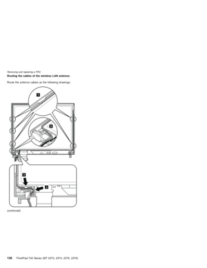 Page 130Routing the cables of the wireless LAN antenna:
Route the antenna cables as the following drawings:
3
3
2
1
(continued)
Removing and replacing a FRU
126ThinkPad T40 Series (MT 2373, 2374, 2375, 2376) 