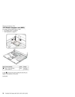 Page 821070 Modem daughter card (MDC)
For access, remove these FRUs in order:
v“1010 Battery pack”on page 66
v“1050 Keyboard”on page 73
2
11
Step Screw (quantity) Color Torque
1M2×10 mm, flat-head,
nylon-coated (2)Black 0.245 Nm
(2.5 kgfcm)
In step2, remove the card by pulling the tab with your
fingers in the direction of the arrow.
(continued)
Removing and replacing a FRU
78ThinkPad T40 Series (MT 2373, 2374, 2375, 2376) 