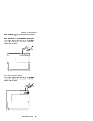 Page 89When installing:Plug in the wireless antenna cable as
follows:
Intel
®PRO/Wireless LAN 2100 3B Mini PCI Adapter
Plug the gray antenna cable with the tab markedMAIN
into jackM, and the black antenna cable with the tab
markedAUXinto jackA.
MAINAUX
Cisco Aironet Wireless 802.11b
Plug the gray antenna cable with the tab markedMAIN
into jackM, and the black antenna cable with the tab
markedAUXinto jackA.
MAIN
MAINAUX
AUX
Removing and replacing a FRU
ThinkPad T40 Series85 