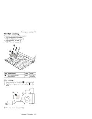 Page 911110 Fan assembly
For access, remove these FRUs in order:
v“1010 Battery pack”on page 66
v“1030 Hard-disk drive”on page 69
v“1050 Keyboard”on page 73
v“1090 Palm rest”on page 82
3
2
1
Step Screw (quantity) Color Torque
1M2×10 mm, flat-head,
nylon-coated (3)Black 0.245 Nm
(2.5 kgfcm)
When installing:
1. Make sure that the connector3is firmly attached.
2. Apply thermal grease on the part markedain this
figure.
a
(Bottom view of the fan assembly)
Removing and replacing a FRU
ThinkPad T40 Series87 