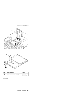 Page 101Step Screw (quantity) Torque
8M2.0×3.5 mm, nylon-coated (4) 24.5 Ncm
(2.5 kgfcm)
(continued)
Removing and replacing a FRU
ThinkPad TransNote97 