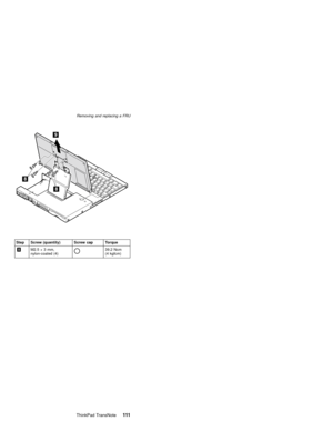 Page 115Step Screw (quantity) Screw cap Torque
8M2.5×3 mm,
nylon-coated (4)
39.2 Ncm
(4 kgfcm) Removing and replacing a FRU
ThinkPad TransNote111 