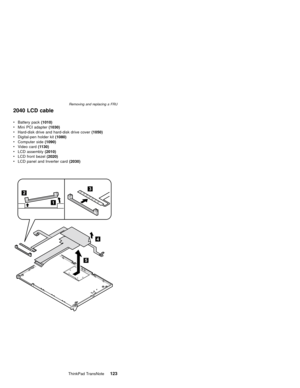 Page 1272040 LCD cable
vBattery pack(1010)
vMini PCI adapter(1030)
vHard-disk drive and hard-disk drive cover(1050)
vDigital-pen holder kit(1080)
vComputer side(1090)
vVideo card(1130)
vLCD assembly(2010)
vLCD front bezel(2020)
vLCD panel and Inverter card(2030)
Removing and replacing a FRU
ThinkPad TransNote123 