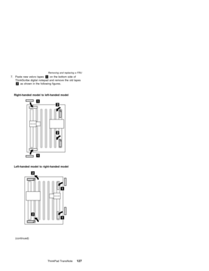 Page 1317. Paste new velcro tapes1on the bottom side of
ThinkScribe digital notepad and remove the old tapes
2as shown in the following figures.
Right-handed model to left-handed model
Left-handed model to right-handed model
(continued)
Removing and replacing a FRU
ThinkPad TransNote127 