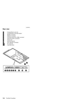 Page 138Rear view
1CompactFlash card slot
2CompactFlash card eject button
3Modem connector
4Network connector
5Universal serial bus (USB) connector
6External-monitor connector
7Power jack
8Security keyhole
9Port replicator connector
10PC card slot
11Hard-disk drive
Locations
134ThinkPad TransNote 