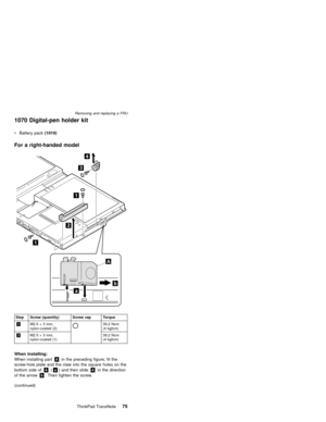 Page 791070 Digital-pen holder kit
For a right-handed model
Step Screw (quantity) Screw cap Torque
1M2.5×3 mm,
nylon-coated (2)
39.2 Ncm
(4 kgfcm)
3M2.5×3 mm,
nylon-coated (1)39.2 Ncm
(4 kgfcm)
When installing:
When installing partAin the preceding figure, fit the
screw-hole plate and the claw into the square holes on the
bottom side ofA(a) and then slideAin the direction
of the arrowb. Then tighten the screw.
(continued) vBattery pack(1010)
Removing and replacing a FRU
ThinkPad TransNote75 