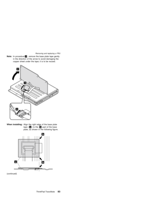 Page 87Note:In procedure3, remove the base plate tape gently
in the direction of the arrow to avoid damaging the
copper sheet under the tape; it is to be reused.
When installing:Align the right edge of the base plate
tape (a)totheb-part of the base
plate, as shown in the following figure.
(continued)
Removing and replacing a FRU
ThinkPad TransNote83 
