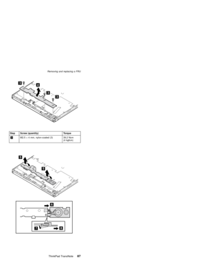 Page 91Step Screw (quantity) Torque
3M2.5×4 mm, nylon-coated (3) 39.2 Ncm
(4 kgfcm)
Removing and replacing a FRU
ThinkPad TransNote87 