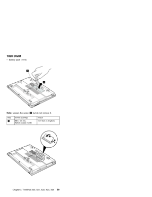 Page 631020 DIMM
vBattery pack (1010)
1
2
Note:Loosen the screw1but do not remove it.
Step Screw (quantity) Torque
1M2×3.4 mm,
Nylock-coated (1) BK14.7 Ncm (1.5 kgfcm)
3
4
Chapter 3. ThinkPad X20, X21, X22, X23, X2459 