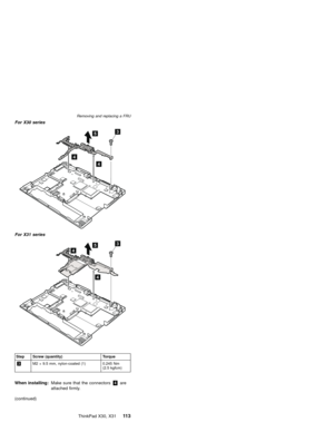 Page 117For X30 series
53
4
4
For X31 series
53
4
4
Step Screw (quantity) Torque
3M2×9.5 mm, nylon-coated (1) 0.245 Nm
(2.5 kgfcm)
When installing:Make sure that the connectors4are
attached firmly.
(continued)
Removing and replacing a FRU
ThinkPad X30, X3111 3 